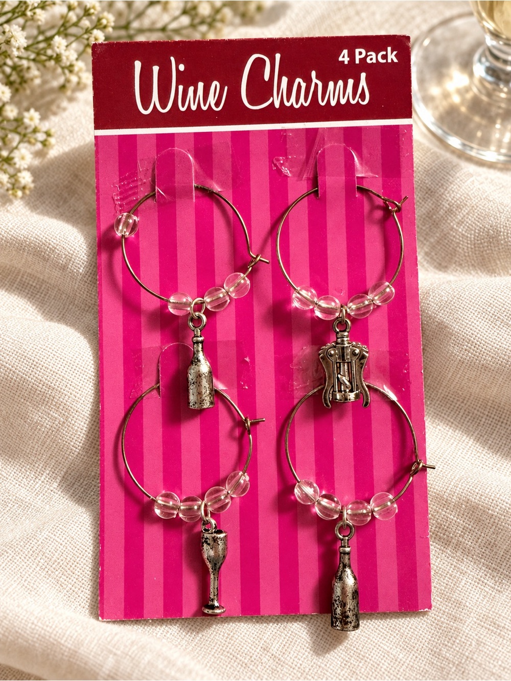 Wine Glass Charms Set of 4 – Clear Beads & Wine-Themed Pendants